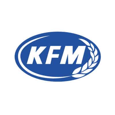 โลโก้ KFM สีน้ำเงินพร้อมรูปทรงวงรีและรูปใบไม้